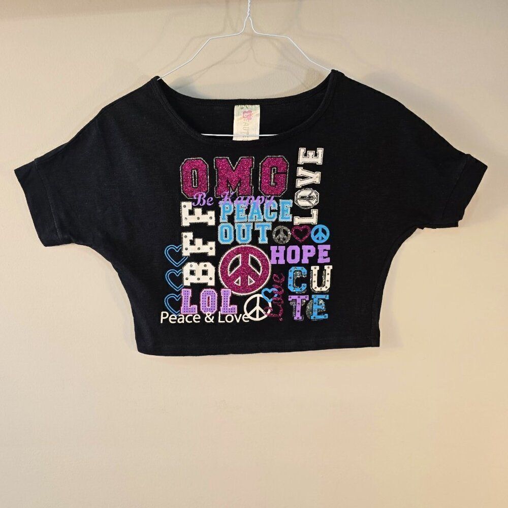 Beautees Girls OMG Peace Love Hope Top Crop Shirt Size L Black Sequin Sparkle